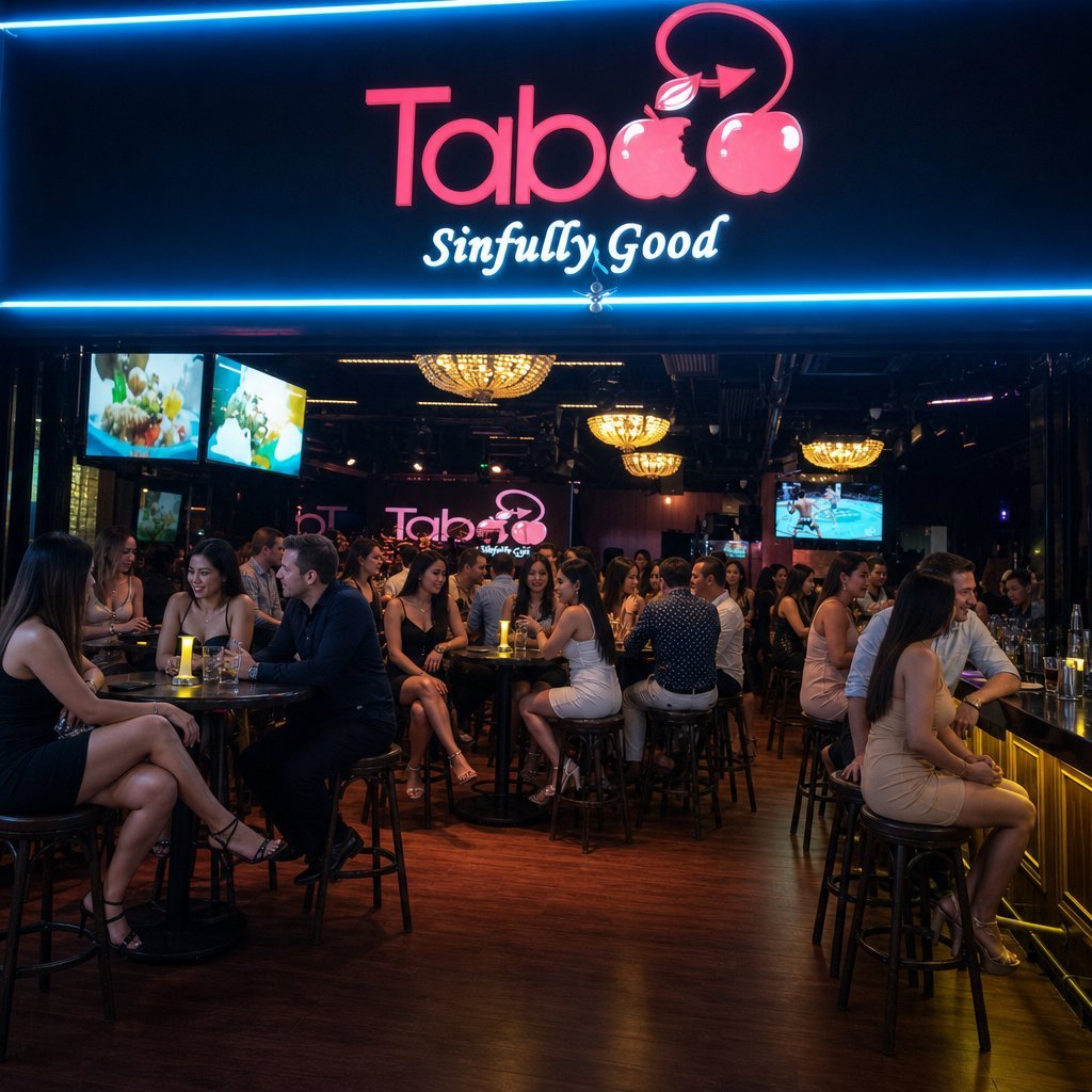 Vibrant nightlife scene at Taboo bar with pink neon signage, crowds of people at tables, and ambient lighting throughout the venue